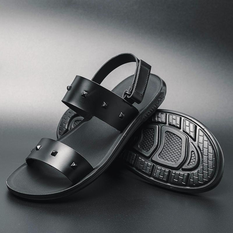 Fashion Summer New Men Gladiators Punk Rivet Leather Casual Shoes Breathable Beach Sandals Outdoor Slippers Black White Plus Size