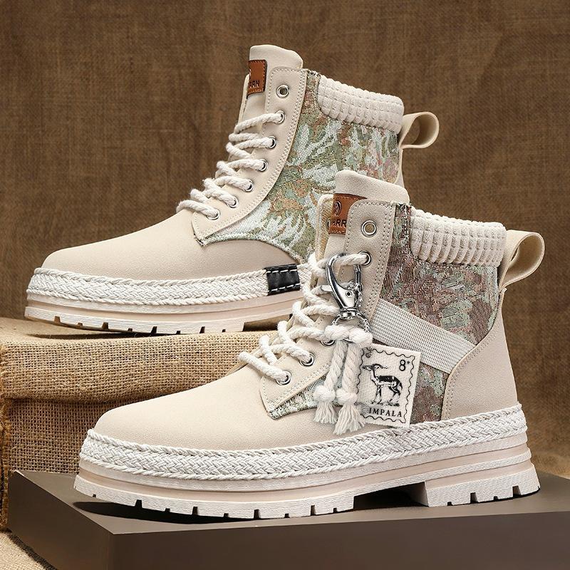 Leather Martin Boots Men's Autumn High-top Men's Boots Autumn and Winter Velvet Tooling Trendy Boots Men's Straw Bottom