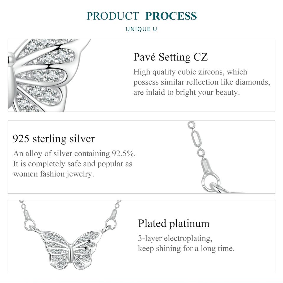 BAMOER Colier romantic cu pandantiv fluture din argint 925, lanț pentru gâtul insectelor, zirconiu cubic pentru femei, cadou de logodnă
