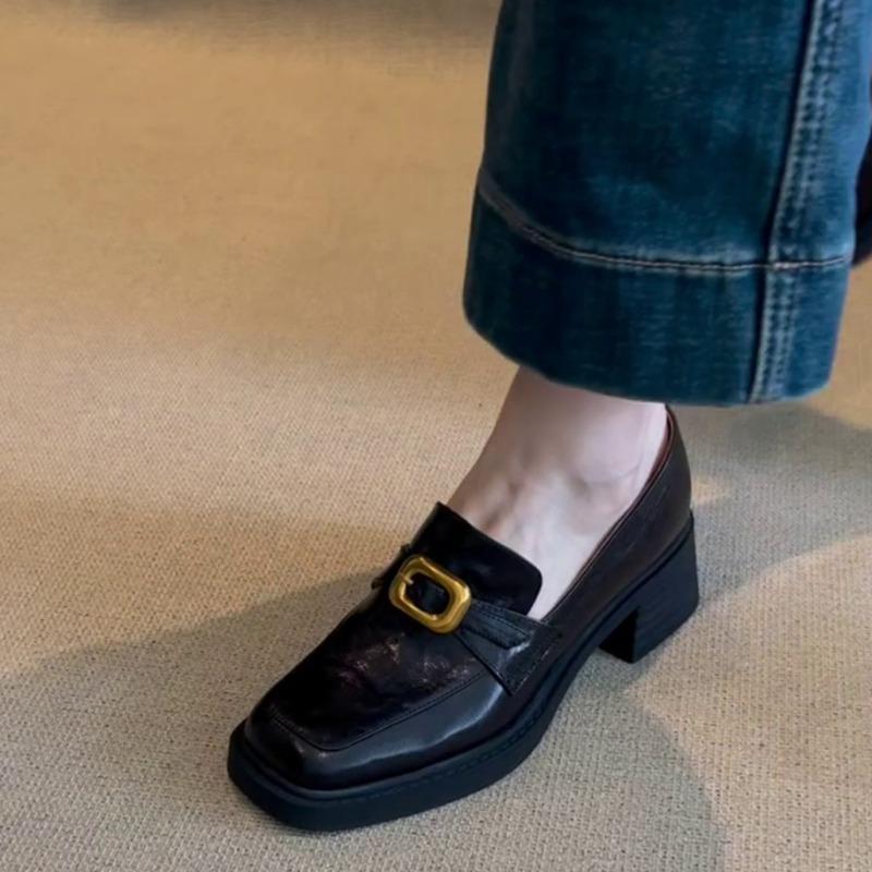 Women's Fashion Thick Heel Shoes Fall New Square Head Mid-mouth Metal Buckle Soft Sole Non-slip Low-top Shoes