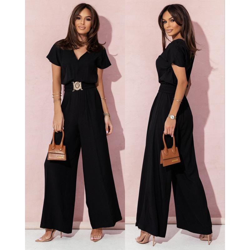 2024 Summer V-Neck Wide Leg Short Sleeve Jumpsuit