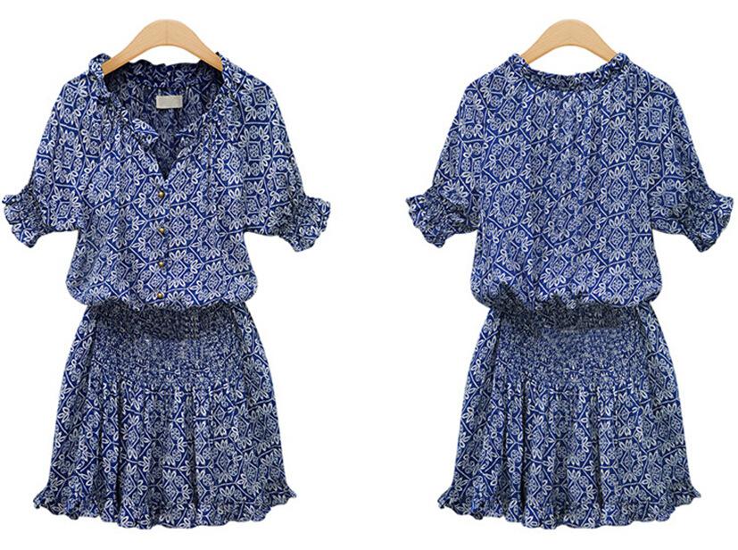 Short Sleeve Print Casual Versatile V-Neck Maxi Dress S