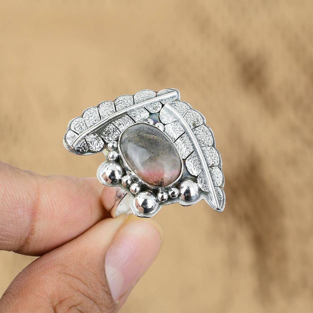 Sterling Silver Heart Chakra Oval Rhodonite Stone Boho New Promise Mother Ring