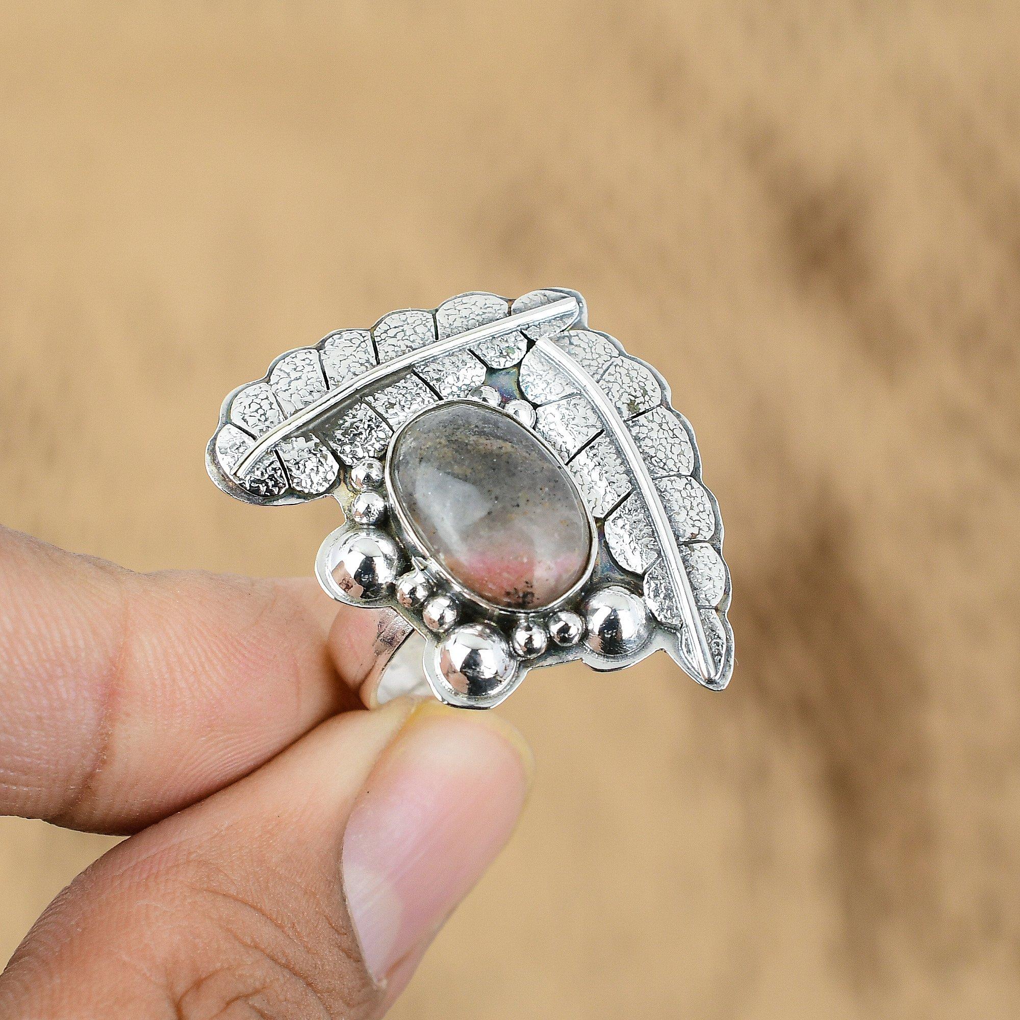 

Sterling Silver Heart Chakra Oval Rhodonite Stone Boho New Promise Mother Ring Yes