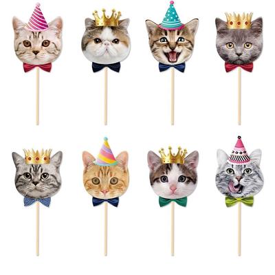 8pcs Cat Theme Supplies Cute Cat Face Insert Card Non Toxic DIY Cat Cupcake Toppers Disposable Single Side Cake Flag Kids