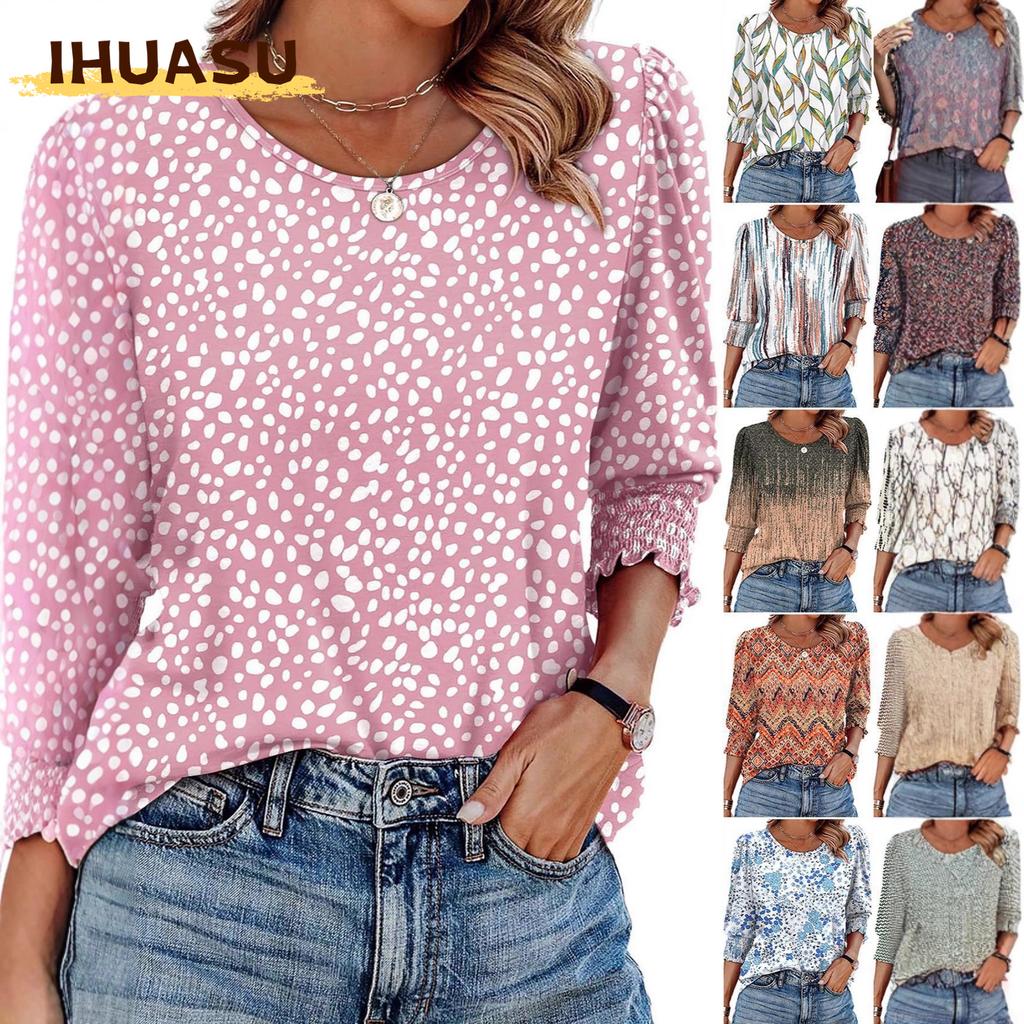 IHUASU Women's Fashion Casual 3/4 Sleeves O-Neck Blouses & Shirts Unique design
