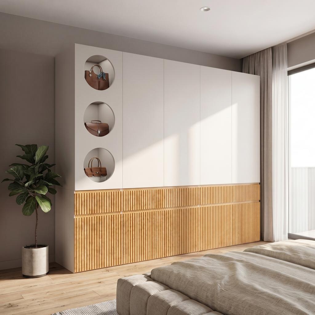 Wardrobe, 225 X 50 X 200 Cm, with 10 Doors, 2 Clothes Rails and 3 Drawers, for Bedroom, Hallway, Children's Room or Office, Light Oak