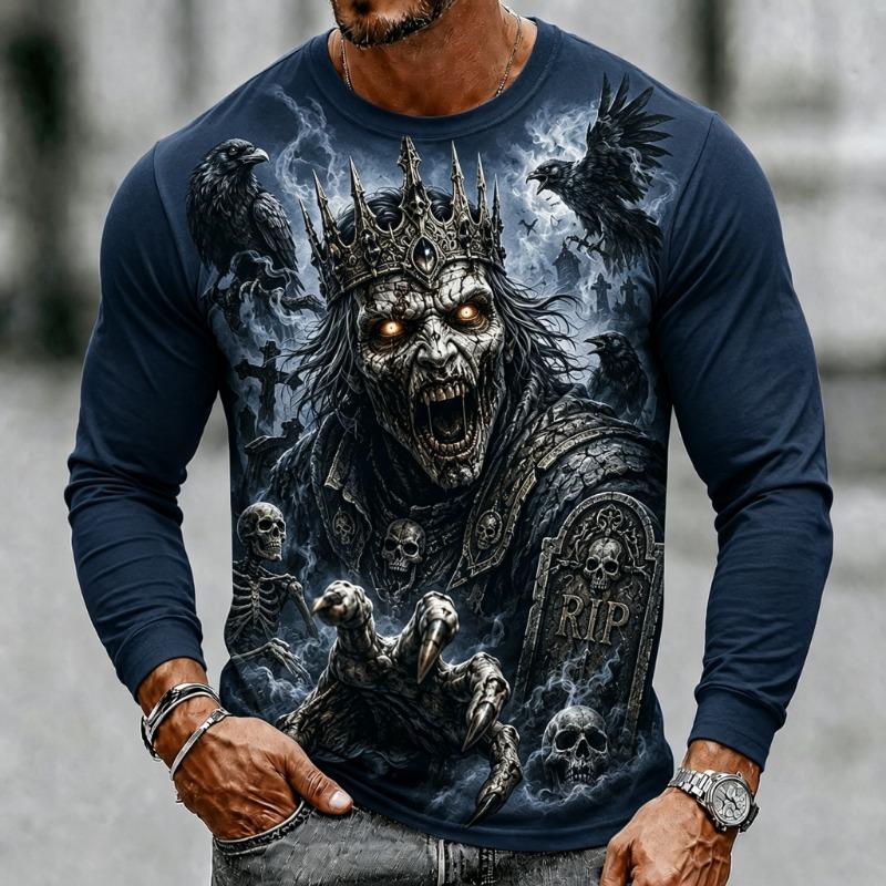 Men's Long Sleeve T-Shirt Halloween Horror Pumpkin Scarecrow Zombie Crow Skull 3D Print Crew Neck Casual Tops