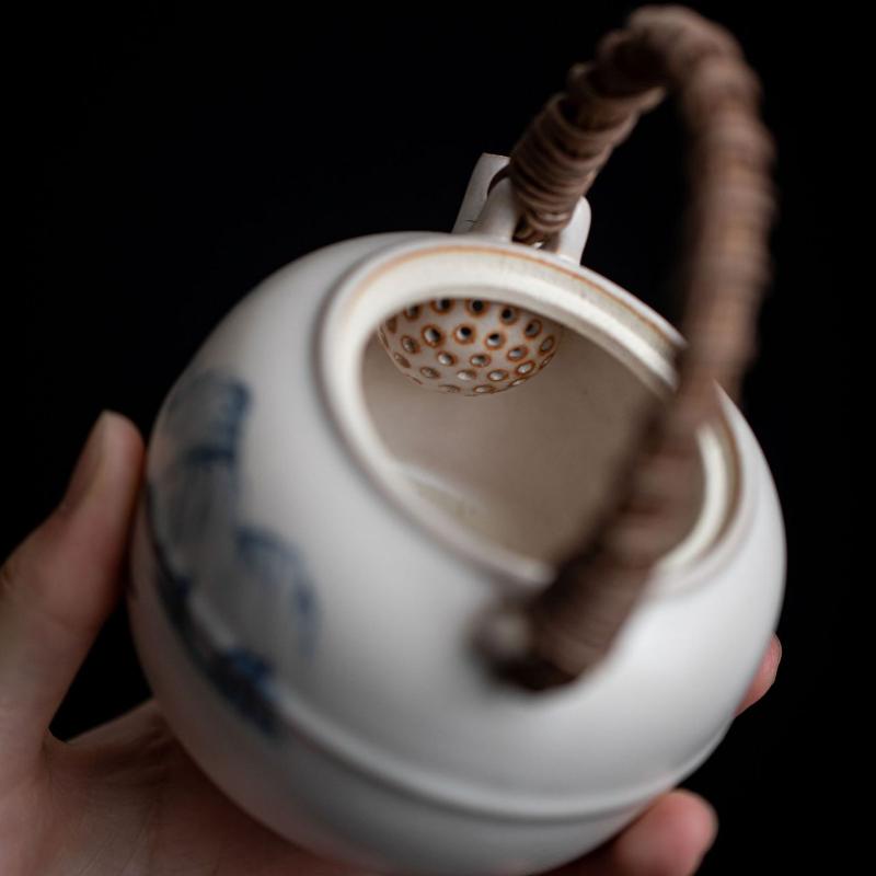 Tea Boiling Set In A Stove Candle Alcohol Stove Tea Warmer Vintage Rough Ceramic Rattan Teapot