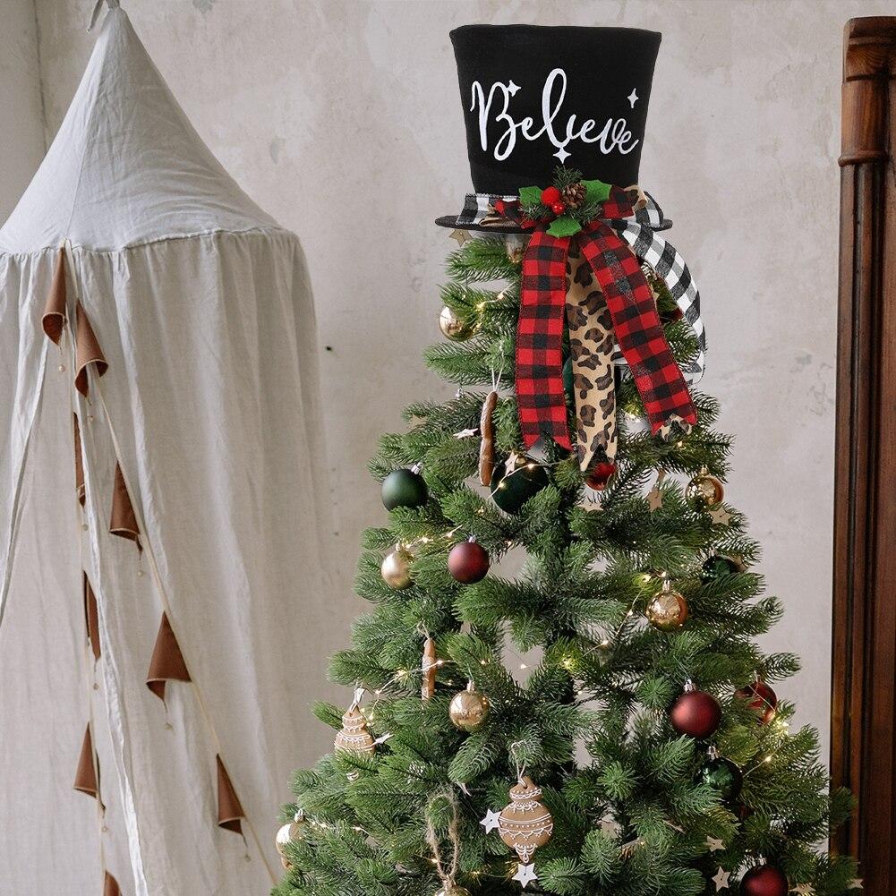 

Christmas Tree Toppers Decorations Xmas Top Hat With Red Plaid Bow Tree Topper Ornament Black Top Hat Christmas Tree Decoration