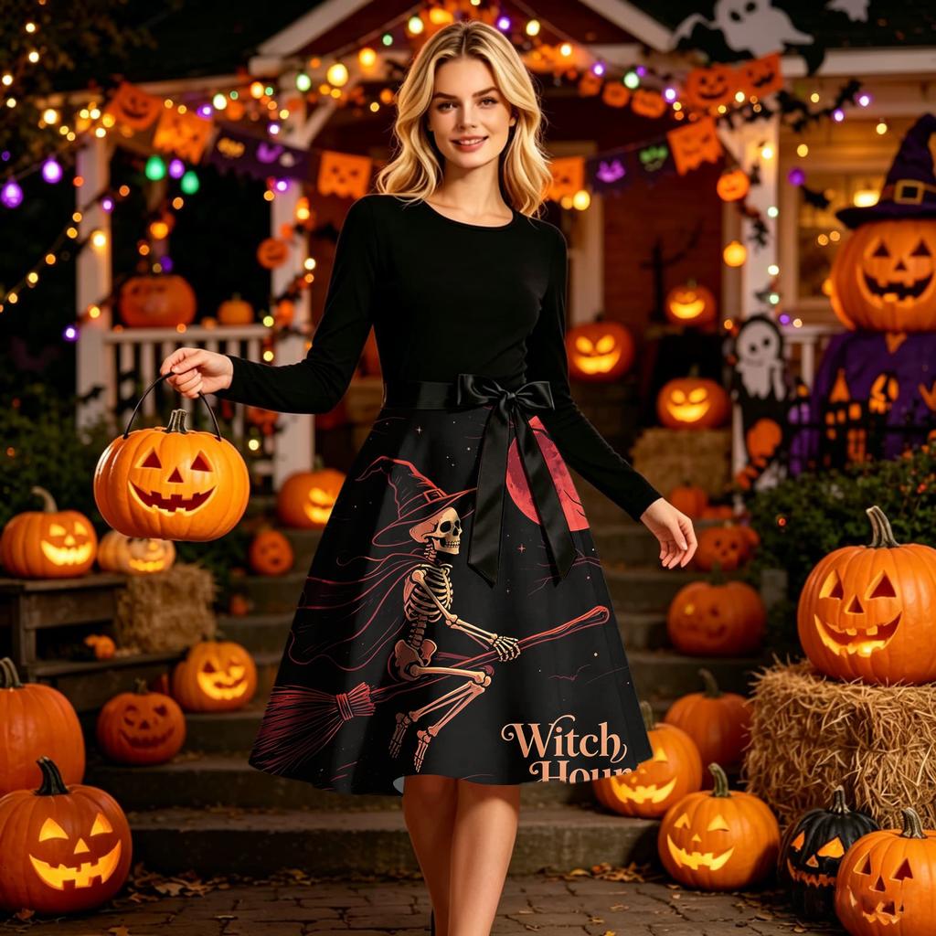 Womens Long Sleeve Round Neck Dress Halloween Print Casual Midi Dress with Waist Tie Elegant Fit and Flare Style Suitable for Seasonal Wear