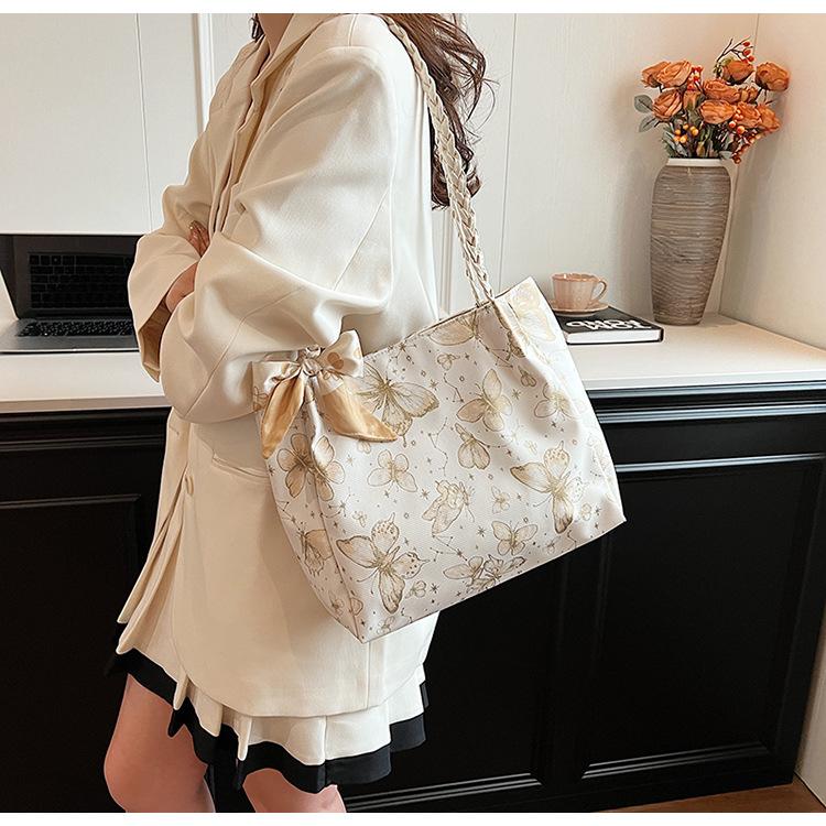 Chic Butterfly Print Faux Leather Tote Bag for Women, Woven Texture Shoulder Underarm Bag, Casual Daily Commute Handbag