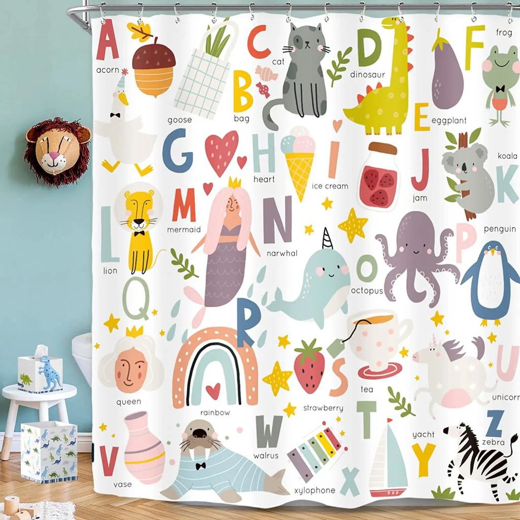 Kids Alphabet Shower Curtains For Bathroom Decor Abc Educational Learning Tool Baby Cartoon Animals Colorful Girls Boys Printed