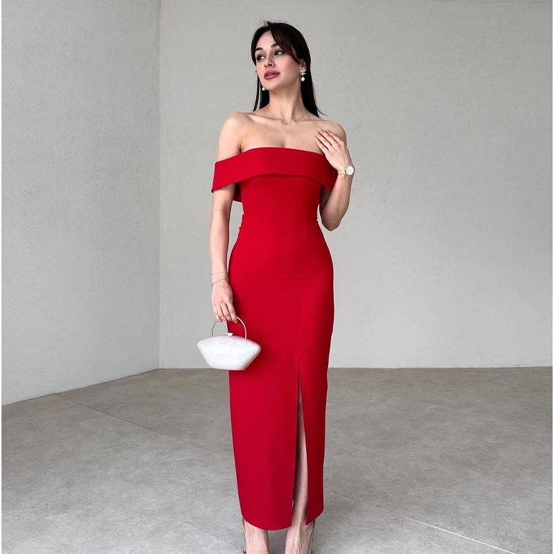 2024 Summer Women's Off-Shoulder Slit Bodycon Dress - European & American Style Fashion