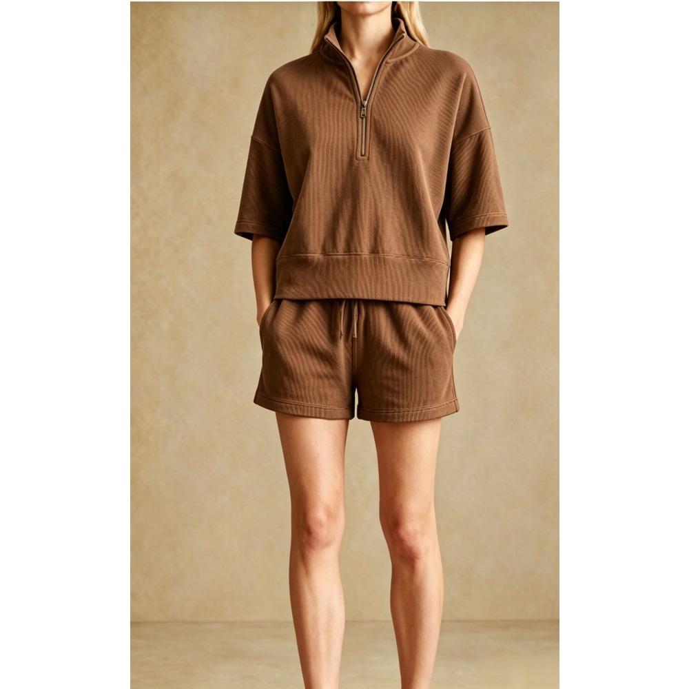 Women's Loose Tracksuit Half Zip Short Sleeve Sweatshirt Drawstring Waist Shorts