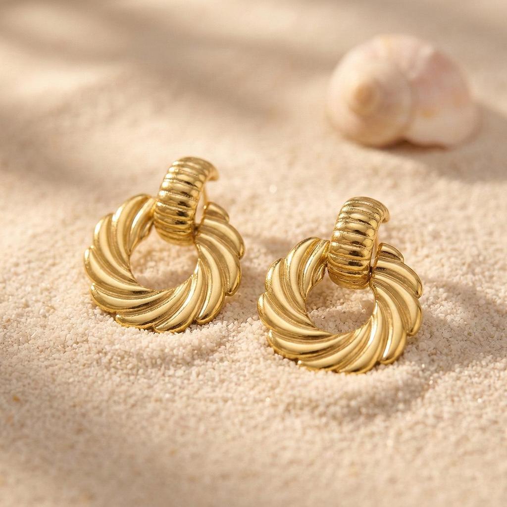 18K Gold Plated Twisted Circle Stud Earrings - European & American Fashion, Stainless Steel Whirlwind Design