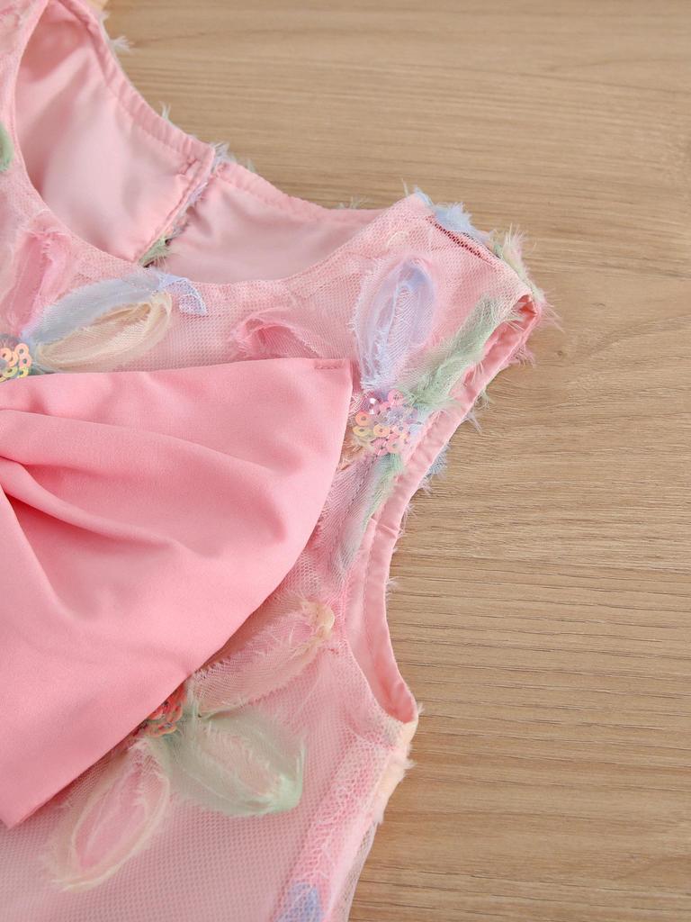 Korean Girls' Summer Princess Dress with Large Bow and Floral Design