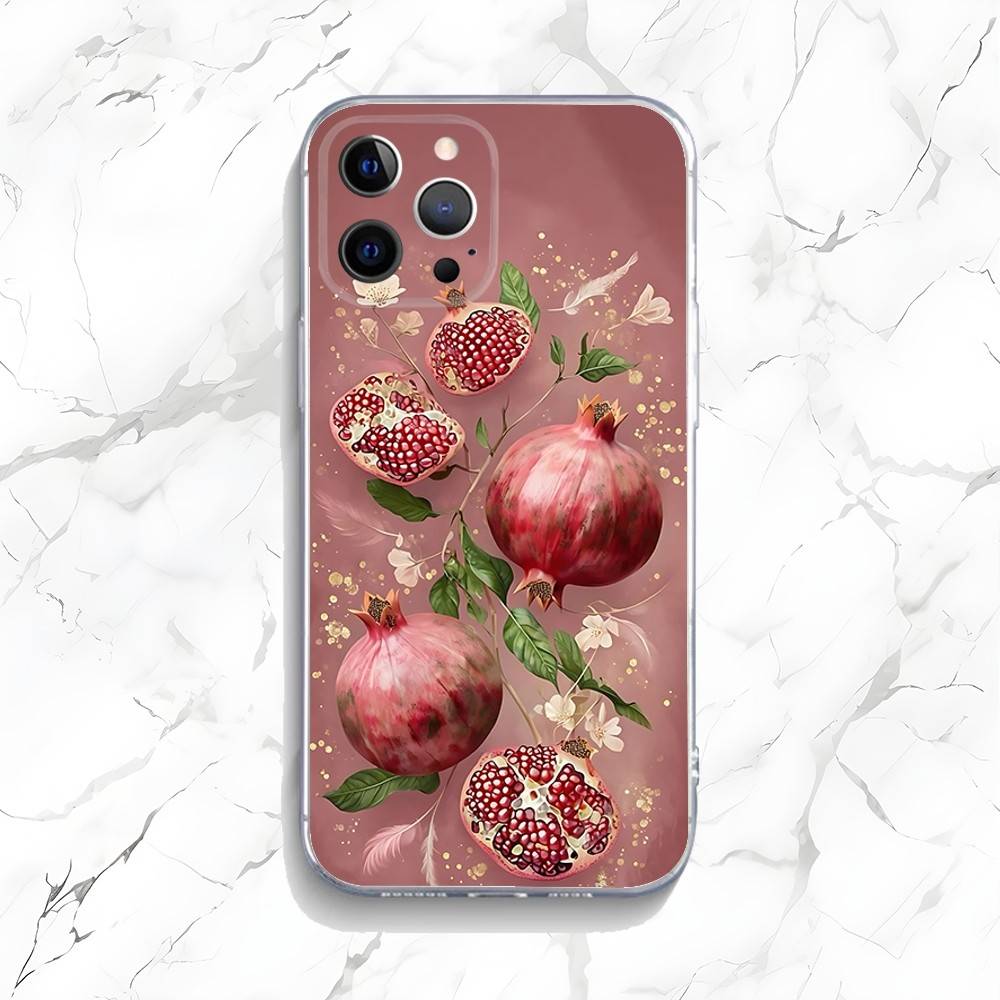 Gold Pink Pomegranate Art Phone Case For iPhone 16,15,14,13,12,11 Pro,Max,Plus,X,XS,XR,SE,Mini Transparent Silicone Soft