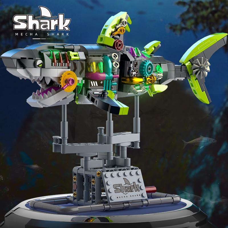 Sea Life Mechanical Shark Building Set Shark Building Blocks Set with Display Stand and Lights Block Gift for Kids and Adults