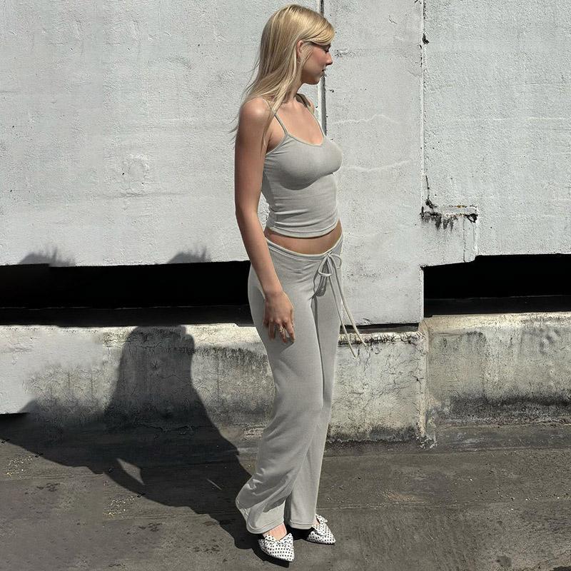 Casual Flare Pants Set for Women Solid Color Crop Tank Top Low Rise Lacing Pants Two Piece Outfit Loungewear Streetwear