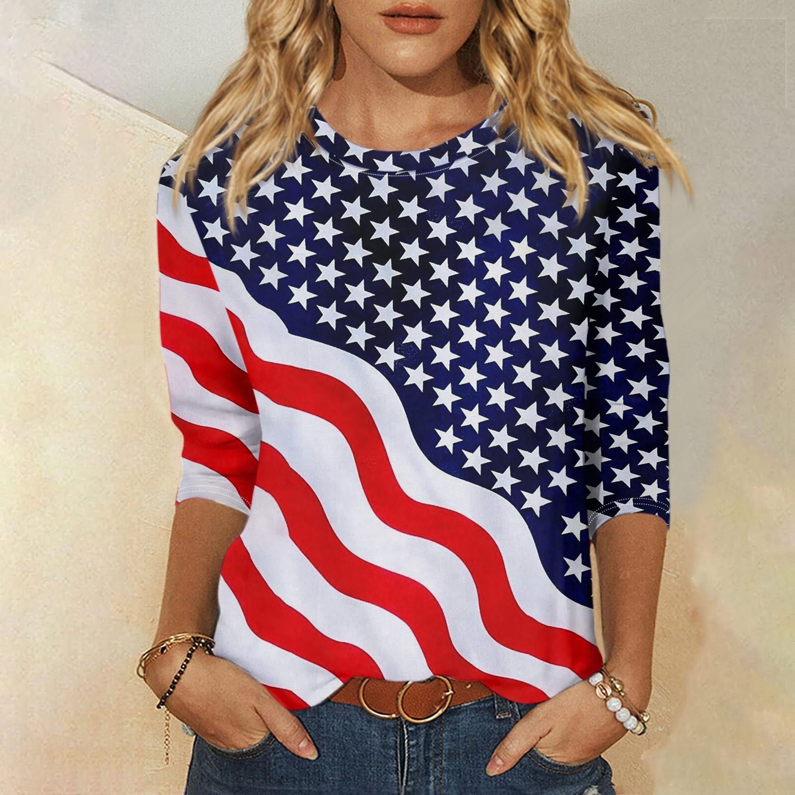 

Женская мода, повседневная свободная футболка с принтом на День независимости и круглым вырезом, рукав 3/4, женский топ M синий