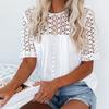 2023 Krajkové prošívání Dámská Bílá halenka Volný Elegantní Ležérní Vyhloubená Jednoduchá košile Krátký rukáv Léto O Neck Ladies Tops 28438