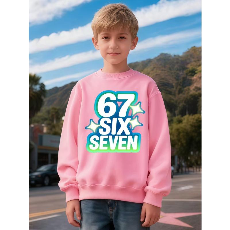 Unisex Kids Crewneck Sweatshirt, Gradient Neon Star 67 Print Long Sleeve Pullover, Boys Girls Casual Birthday Sweatshirt For Kids Over 4 Years Old