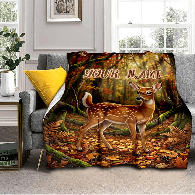 1PC Custom Name Autumnal Deer Forest blanket versatile,all-season throw suitable for the living room,bedroom,camping,travel,and gift