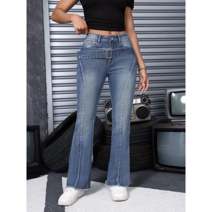 

Women s Retro Flared Jeans with Frayed Hems - European and American Style Stretch Denim Pants M светло-синий