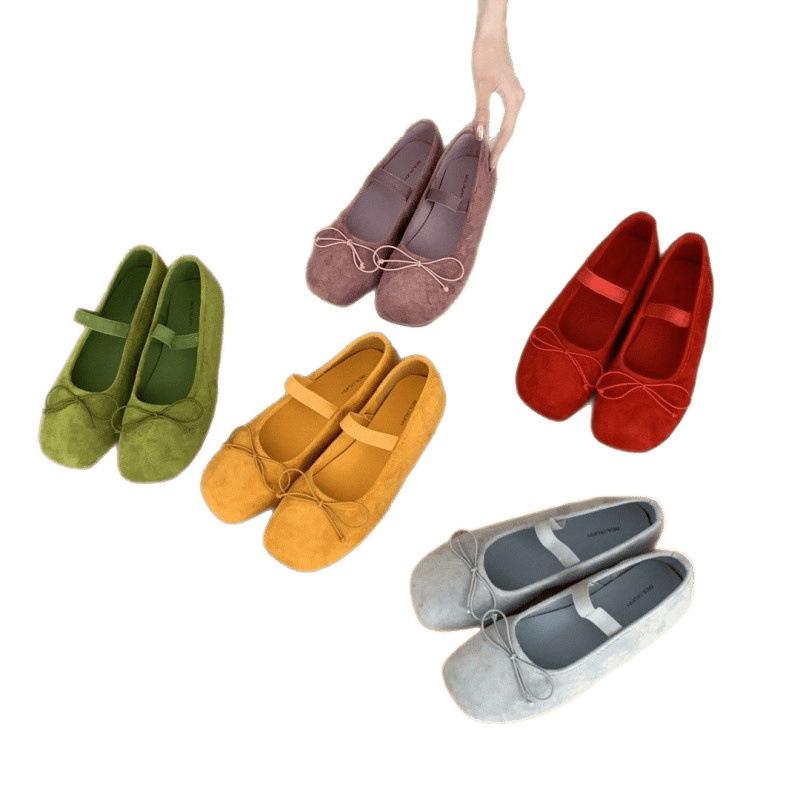 Spring and Summer Yellow Square Head Small Single Shoes Thick Soft Sole Women's Shoes New Bow Mary Jane Shoes Ballet Shoes