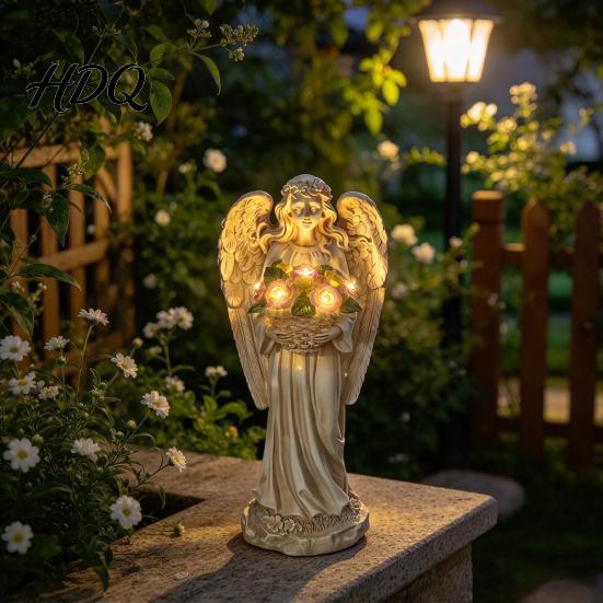 Automatic Night Light for Patio Retro Solar Angel Statue Resin Garden Light Decorative Memorial Sculpture with Flower Basket Outdoor Yard