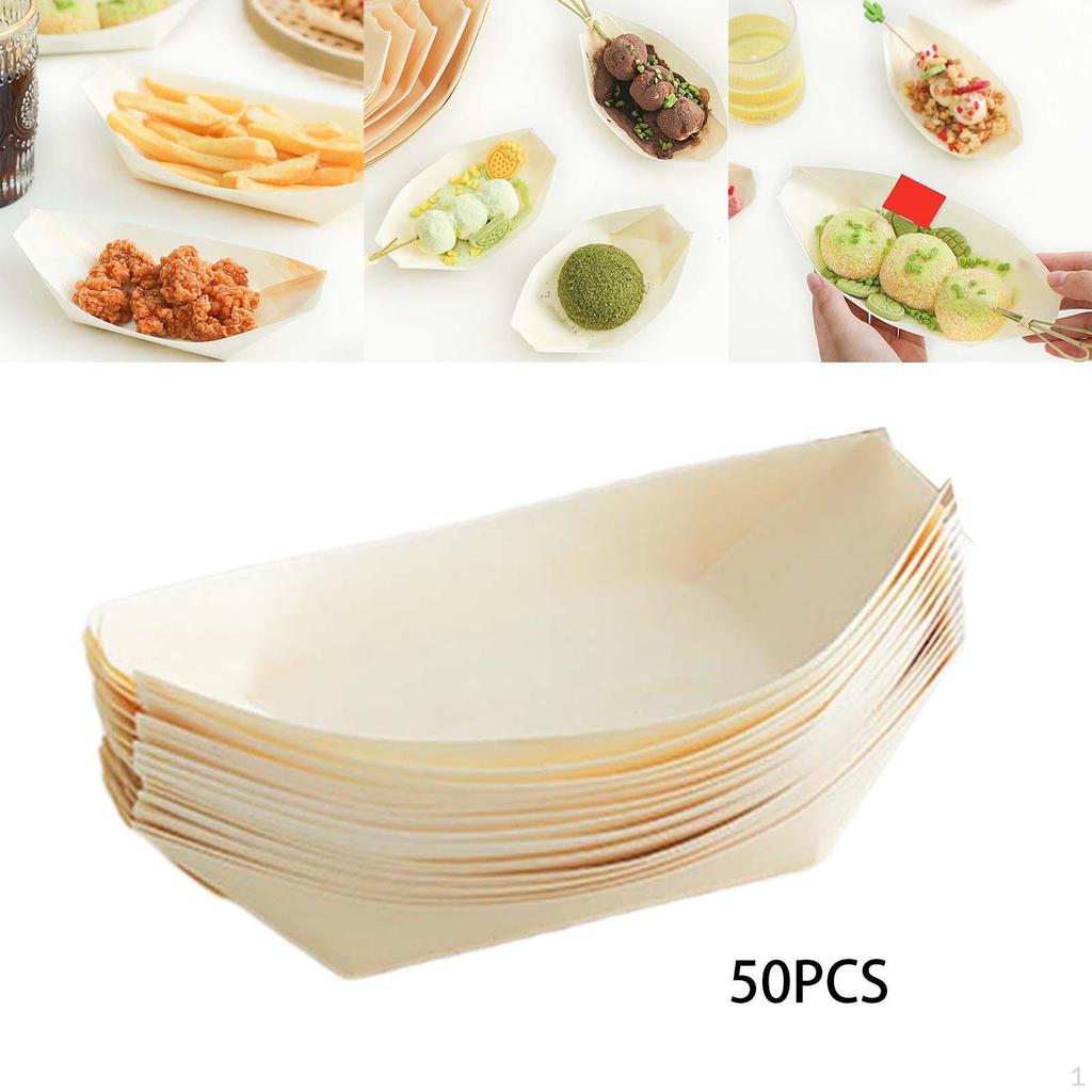 50 Pieces Disposable Wood Boat Serving Trays Sushi Dessert Tray Food Boats Storage Container