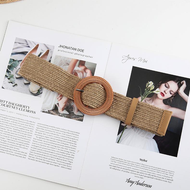 Cinturones Trenzados Redondos con Hebilla Estilo Boho Caqui Elásticos Anchos Cinturilla Casual para Vestidos Para Mujeres Uso Diario
