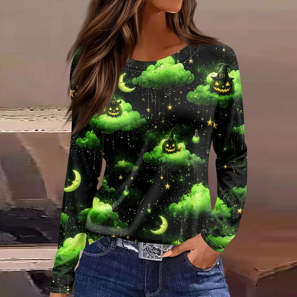 Women's Halloween Print Long Sleeve Round Neck Casual Top with Side Slit