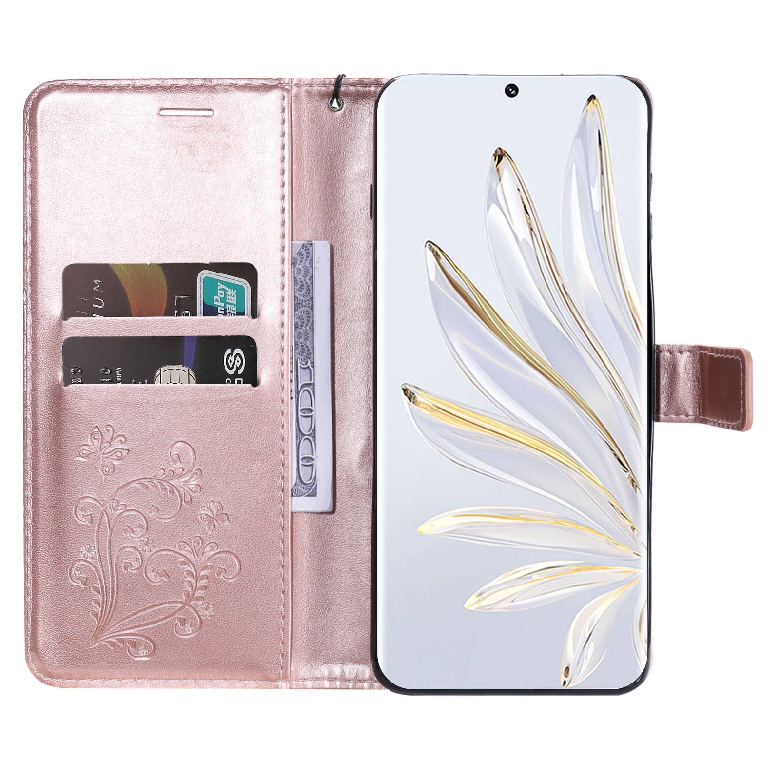 

For Honor 70 5G Wallet Case Floral Butterfly Imprinted Leather Phone Cover Stand Rose Gold