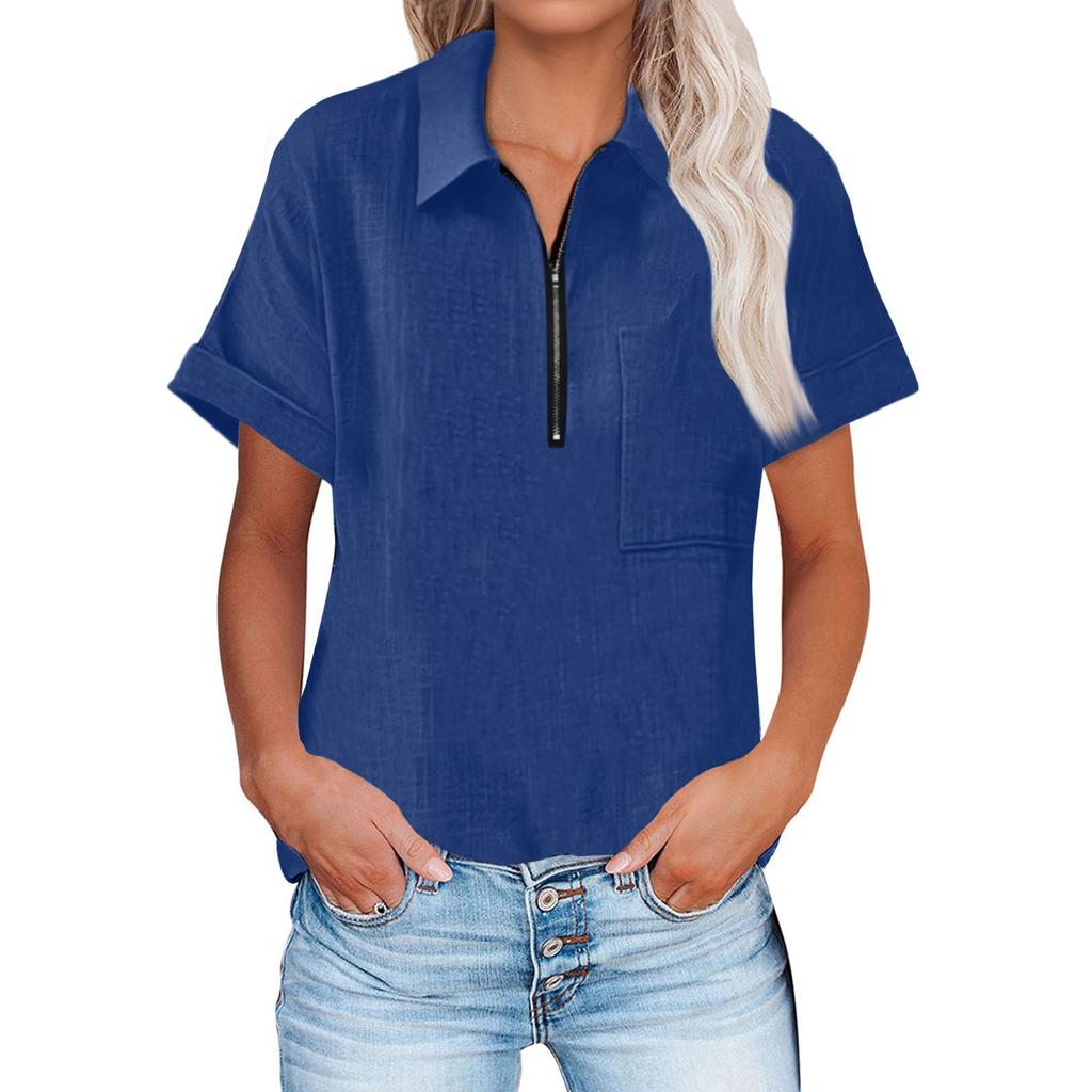 Women Summer Top Short Sleeve Fit Shirt  Fashion Casual Clothes Shirt Half Zipper Short-sleeved Top