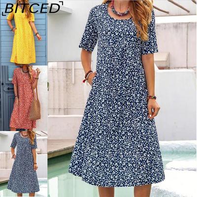 Moda feminina verão primavera cor sólida impressão manga curta o-pescoço cintura alta vestidos casuais