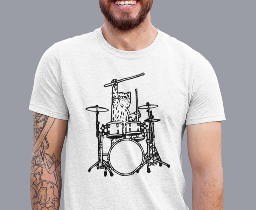

Cute Cat Playing Drums Men T-Shirt, Drummer Shirt Animal Lover Gift Unisex Tee XL