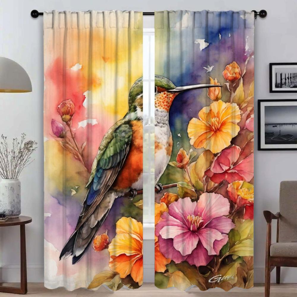 Set Of 2 Kitchen Curtains Camera Hummingbird Birds Living Room Partition Halloween Decoration Window Curtain Modern Made Polyester Sitting Treatment