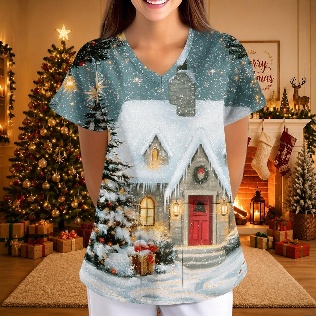 Women's Christmas Print V-Neck Short Sleeve Uniform with Pockets Loose Fit