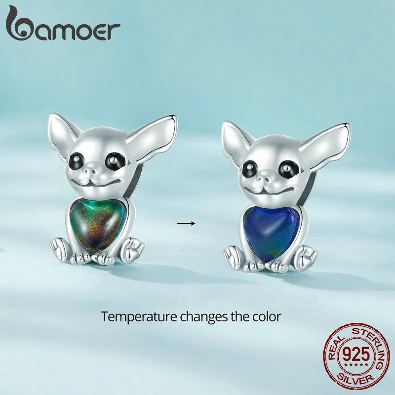 BAMOER 925 Sterling Silver Mood Stone Astronaut Charms Cute Chihuahua Dog Beads for Women Bracelet and Bangle DIY