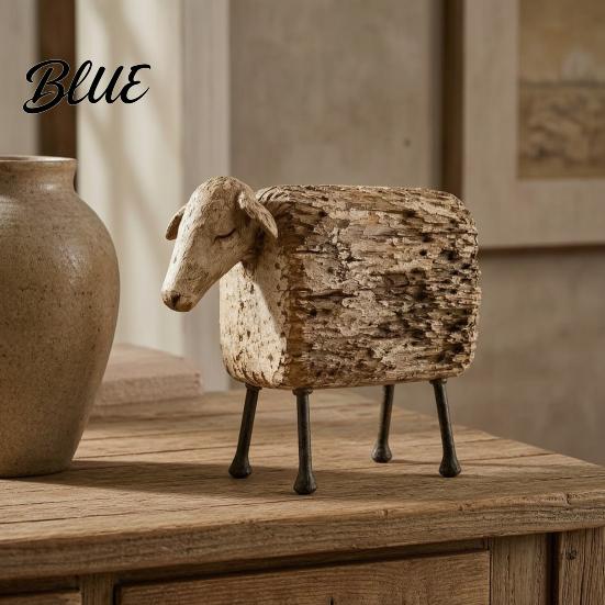 Modern Rustic Home Decor Distressed Imitation Wood Grain Sheep Figurine Resin Farmhouse Animal Statue for Shelf Tabletop Decor Retro Country