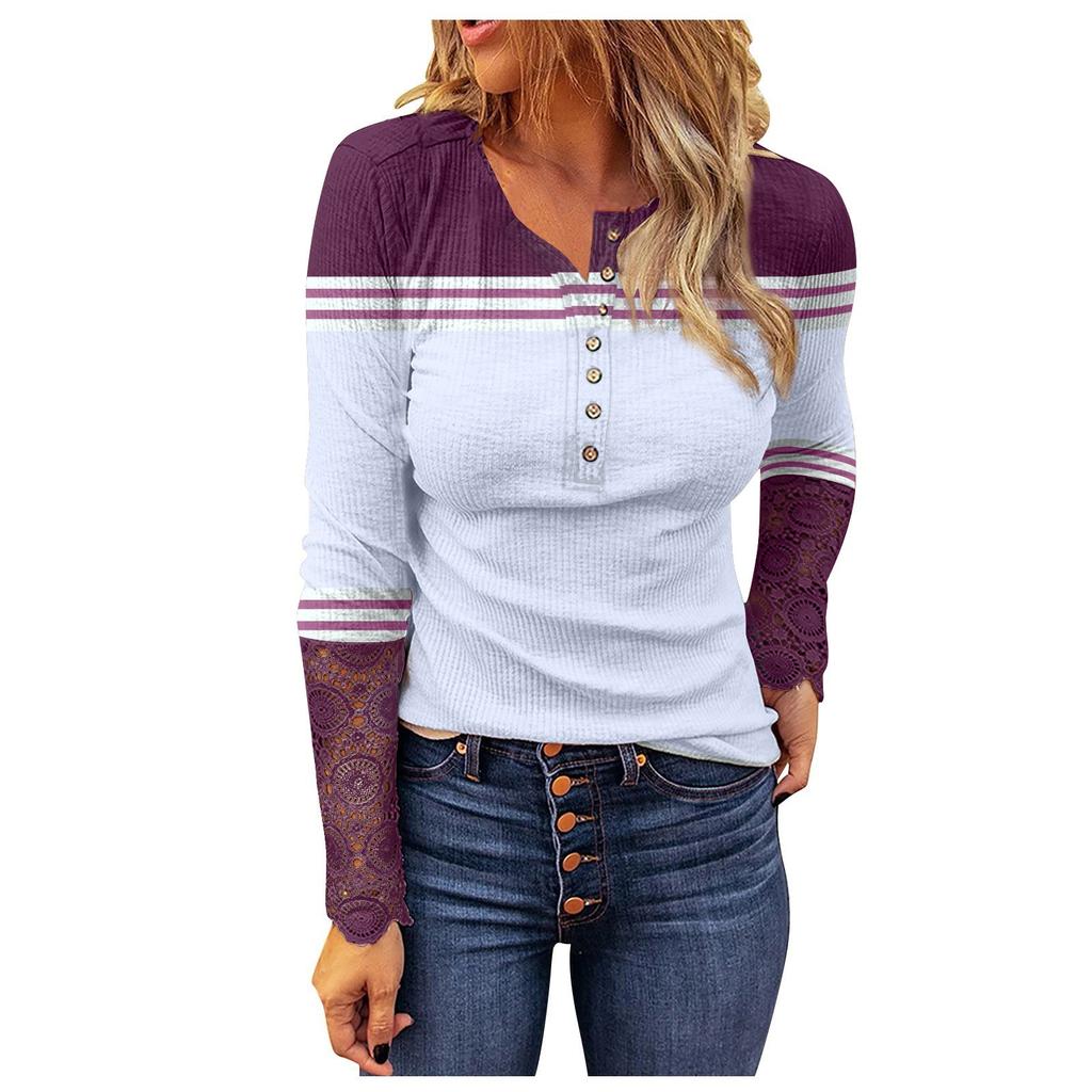 Women Fashion Patchwork Printing Lace Long Sleeve Casual Button Pullover Sweatshirt Top