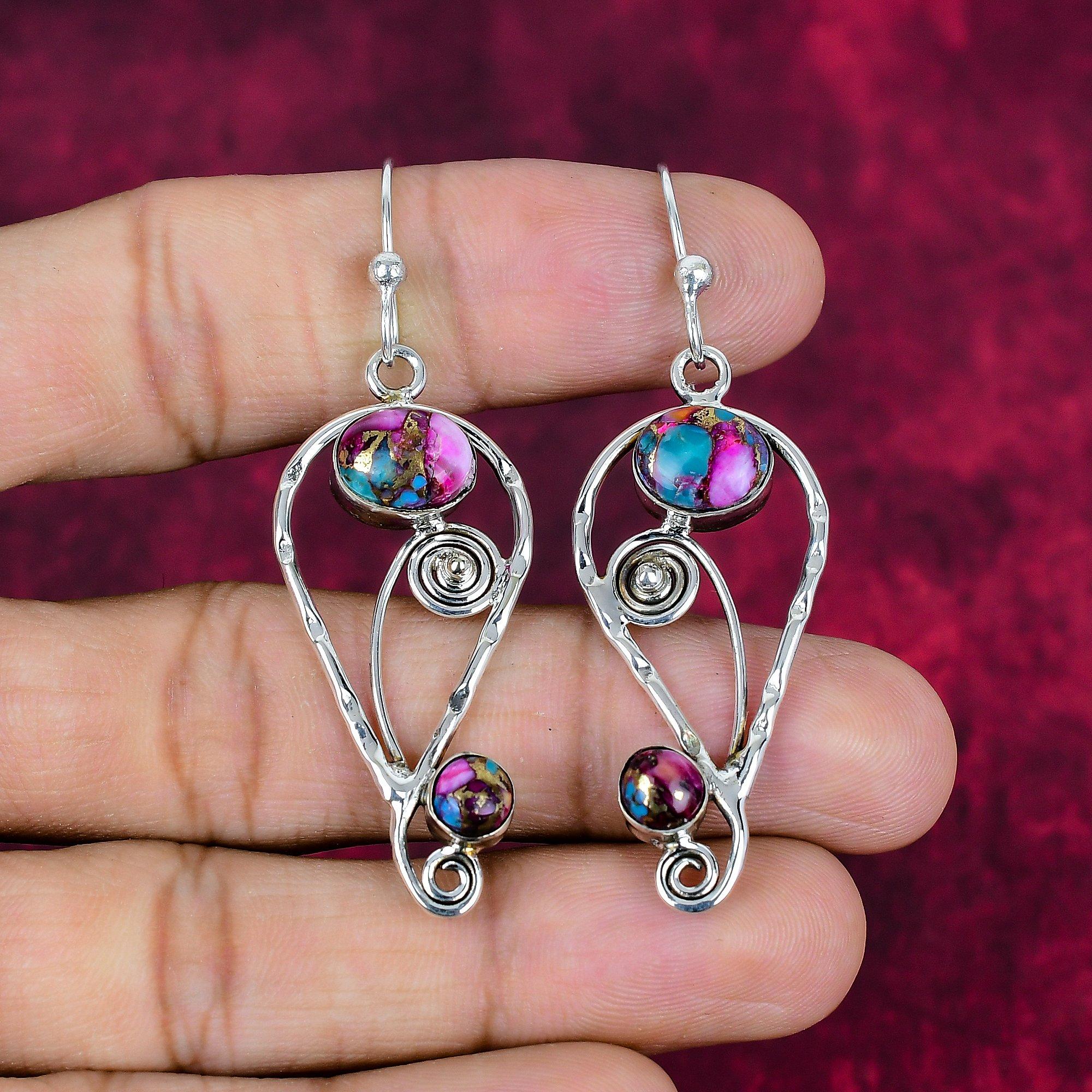 

Медные серьги с бирюзой и колючей устрицей, ювелирные изделия из цельного стерлингового серебра 925 пробы с драгоценными камнями, серьги ручной работы, на День памяти 2.36 Inches