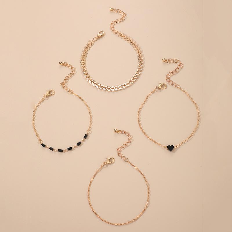 Bohemian Bracelet, Geometric Black Love Plane Chain 4-piece Ins Wind Bracelet for Women