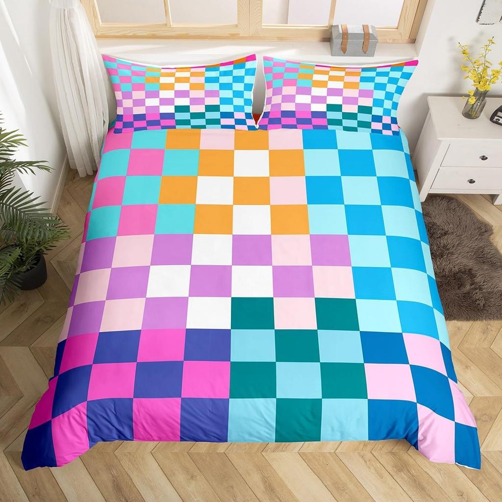 Geometric Abstract Duvet Cover Full King Checkered Bedding Set Aesthetic Checkerboard Plaid Comforter Cover for Boys Girls Teen
