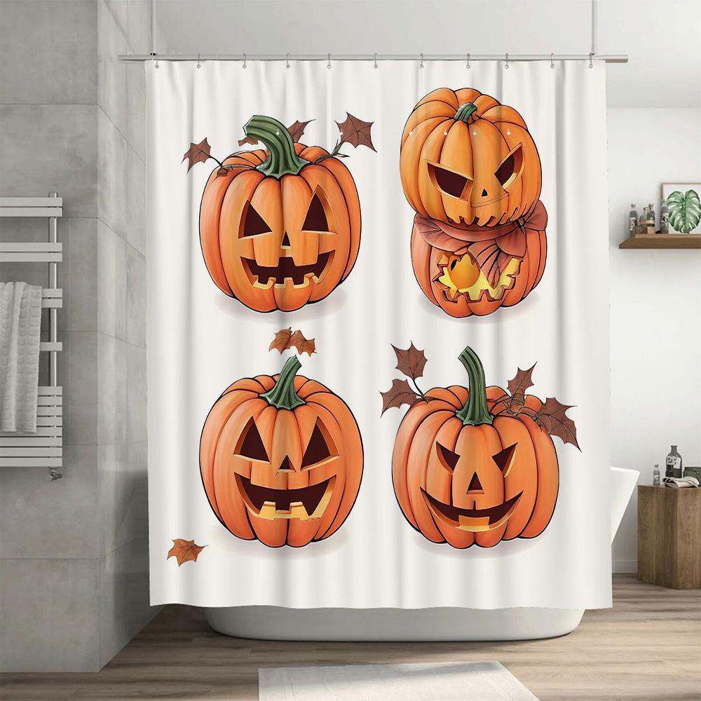 Orange Halloween-themed Pumpkin Shower Curtain Set for Bathroom Decoration with Spooky Design Art Print.