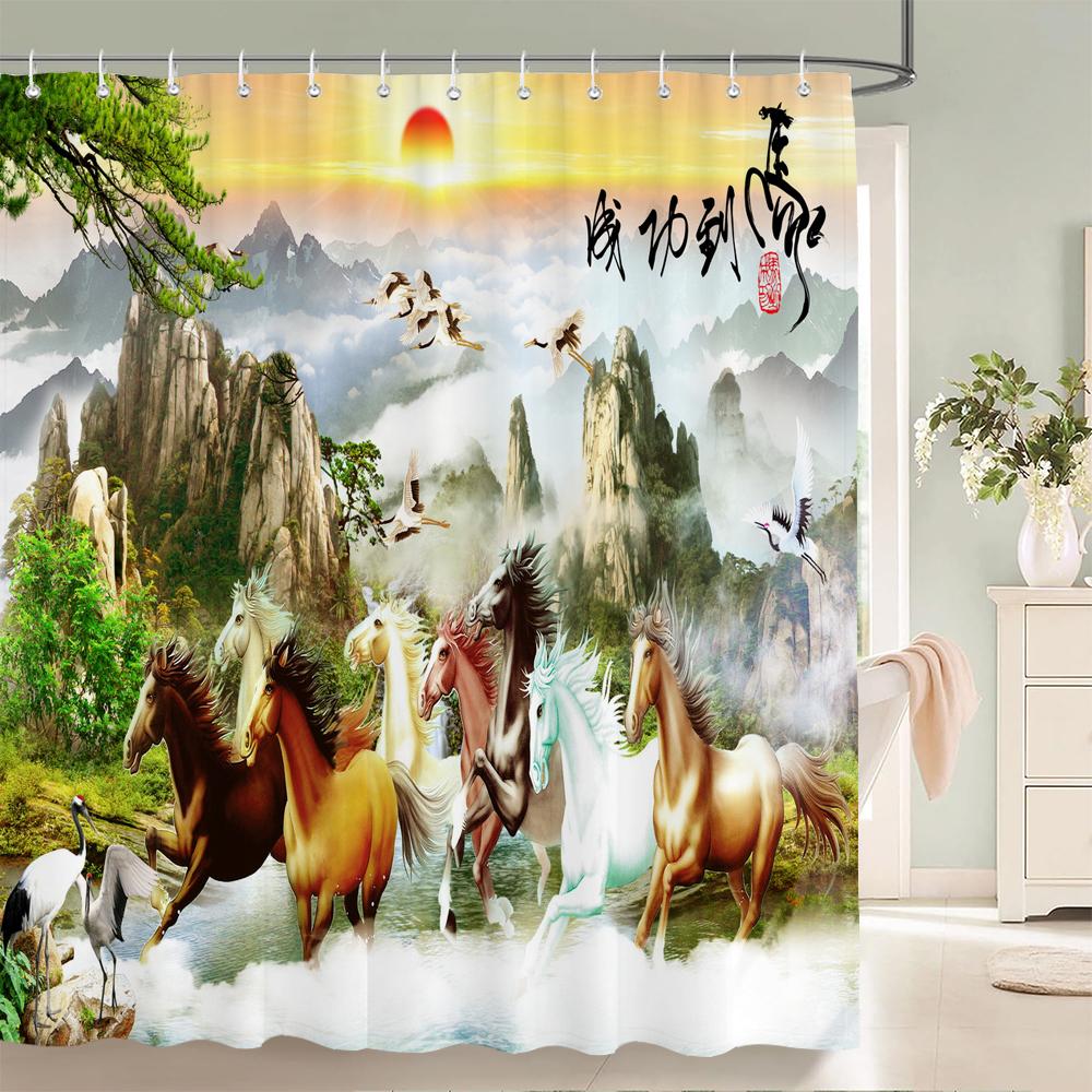 Chinese Style Natural Waterfall Landscape Shower Curtains Bathroom Curtain Waterproof Polyester Horse Bath Curtain with Hooks