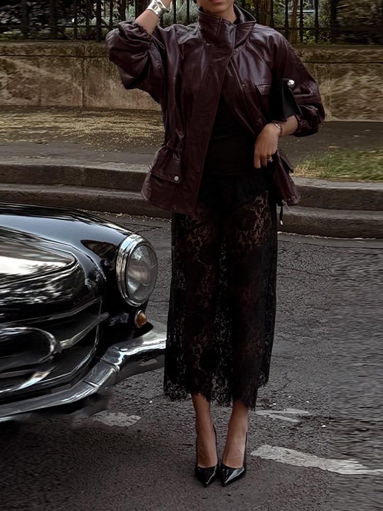 2025 Summer Women's Fashion: Versatile High Neck Long Sleeve Leather Jacket with Adjustable Waist