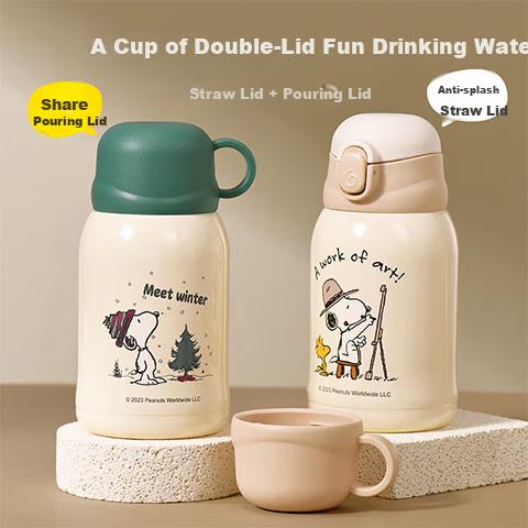 SNOOPY  Insulated Cup, 316L Stainless Steel, Shockproof, Portable, with Straw And Direct Drinking, Dual Lid, Large Capacity Water Bottle